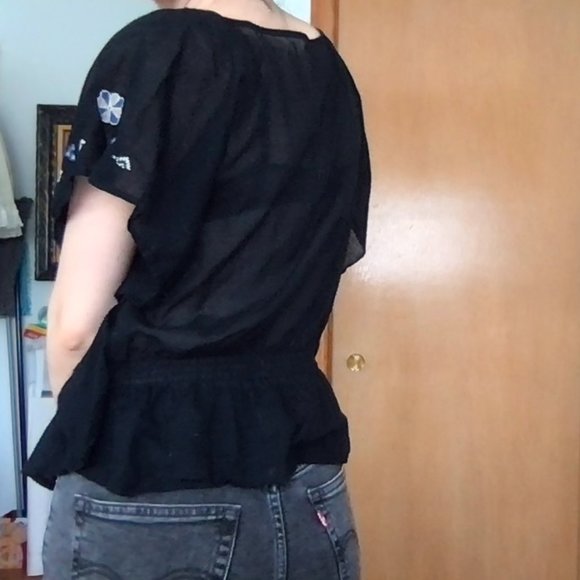American Eagle Black Cotton Light Flowy Top with Embroidery - Picture 7 of 9
